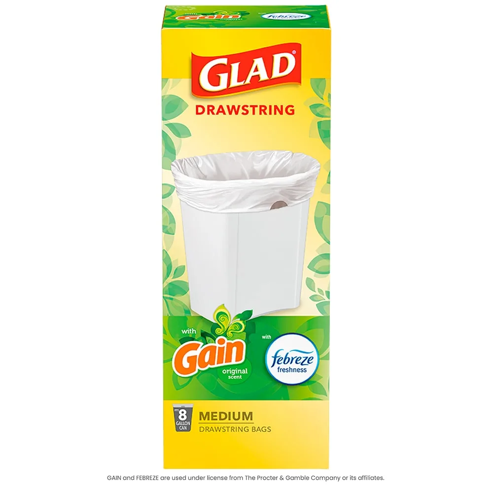 Package shot of Glad Medium drawstring bags with Gain Original scent