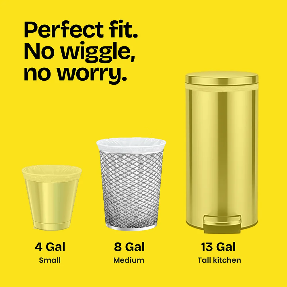 3 sizes of trash cans on a yellow background with the words "Perfect fit. No wiggle, No worry."