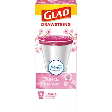 Glad Drawstring Cherry Blossom small trash bags with Febreze freshness, 4-gallon capacity, featuring a pink cherry blossom design.