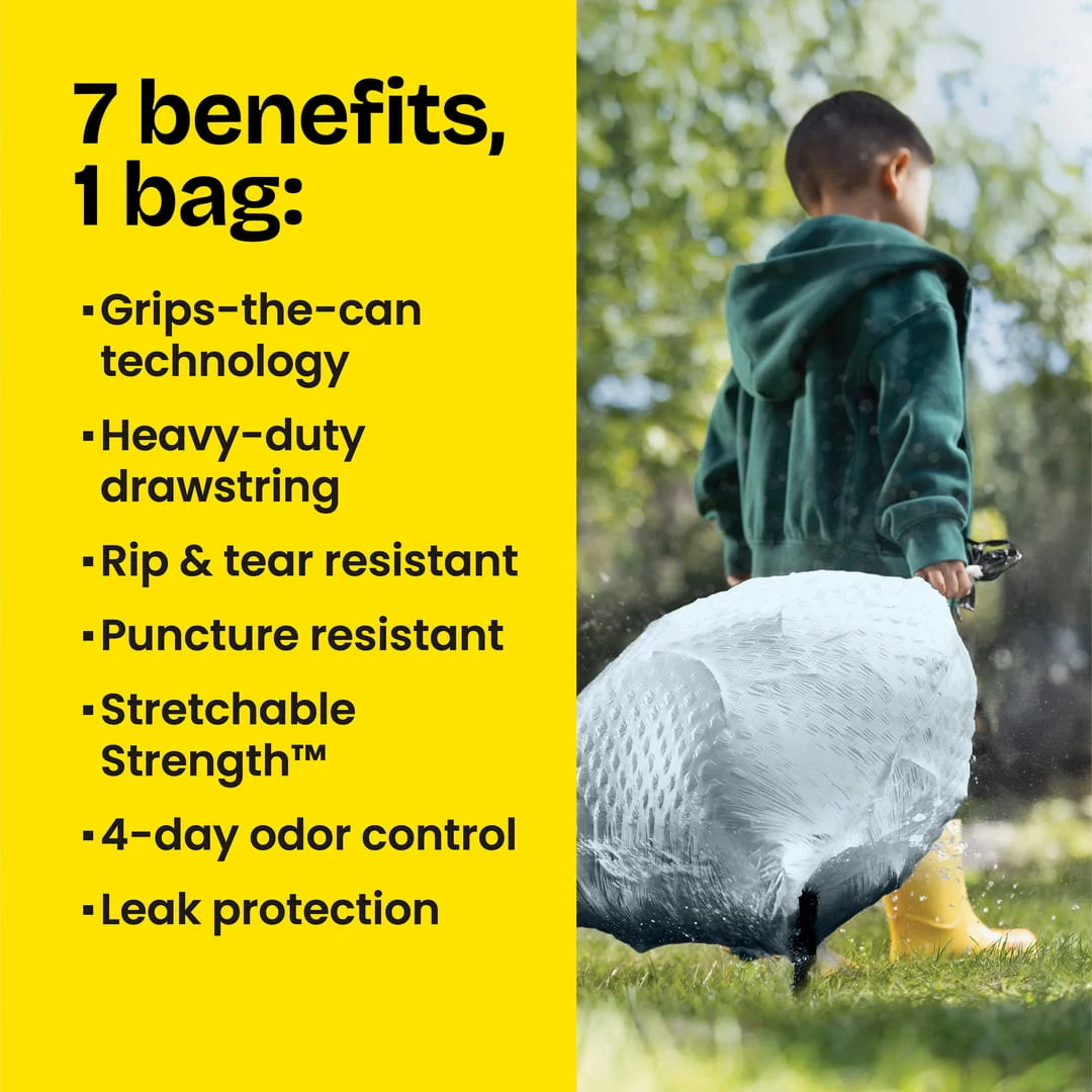 A boy dragging a full trash bag. On the left, a yellow panel with the words "7 benefits, 1 bag" and various claims including leak protection