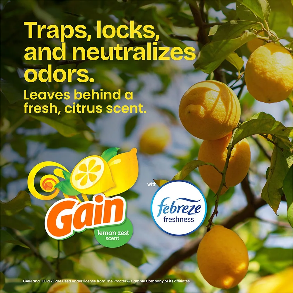 The words "Traps, locks and neutralizes odors. Leaves behind a fresh, citrus scent. Gain Lemon Zest" and a febreze freshness logo over a lemon tree background