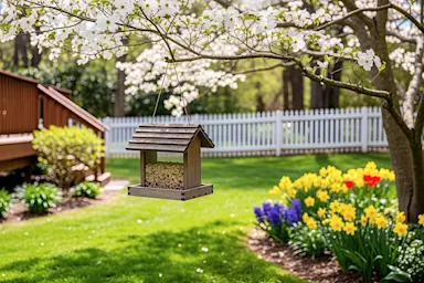 Wood bird feeder handing in a tree with grass and flowers in the background