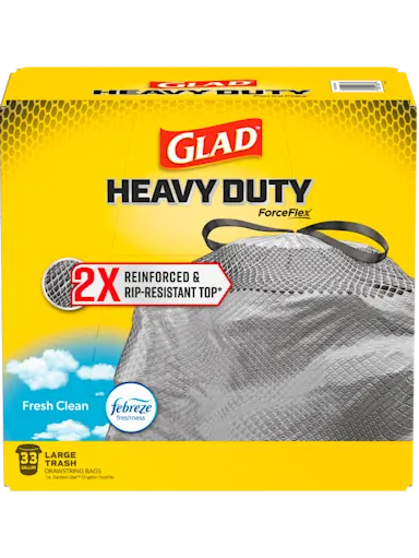 Package of 33 gallon Glad Heavy Duty ForceFlex trash bags with Fresh Clean scent
