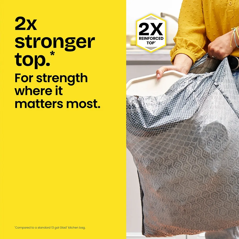 A person stuffing trash into a gray-colored trash bag. Half of the panel is colored yellow and has the words "2x stronger top."
