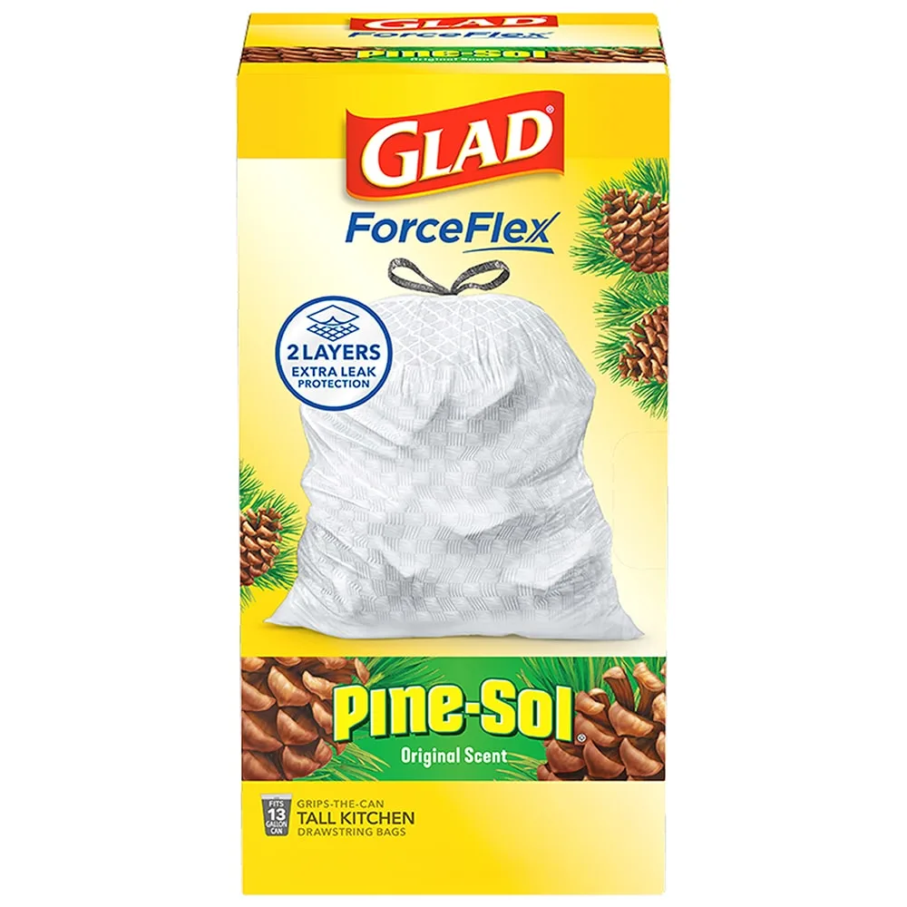 Package shot of Glad ForceFlex Tall Kitchen bags with Pine-Sol Original Pine scent