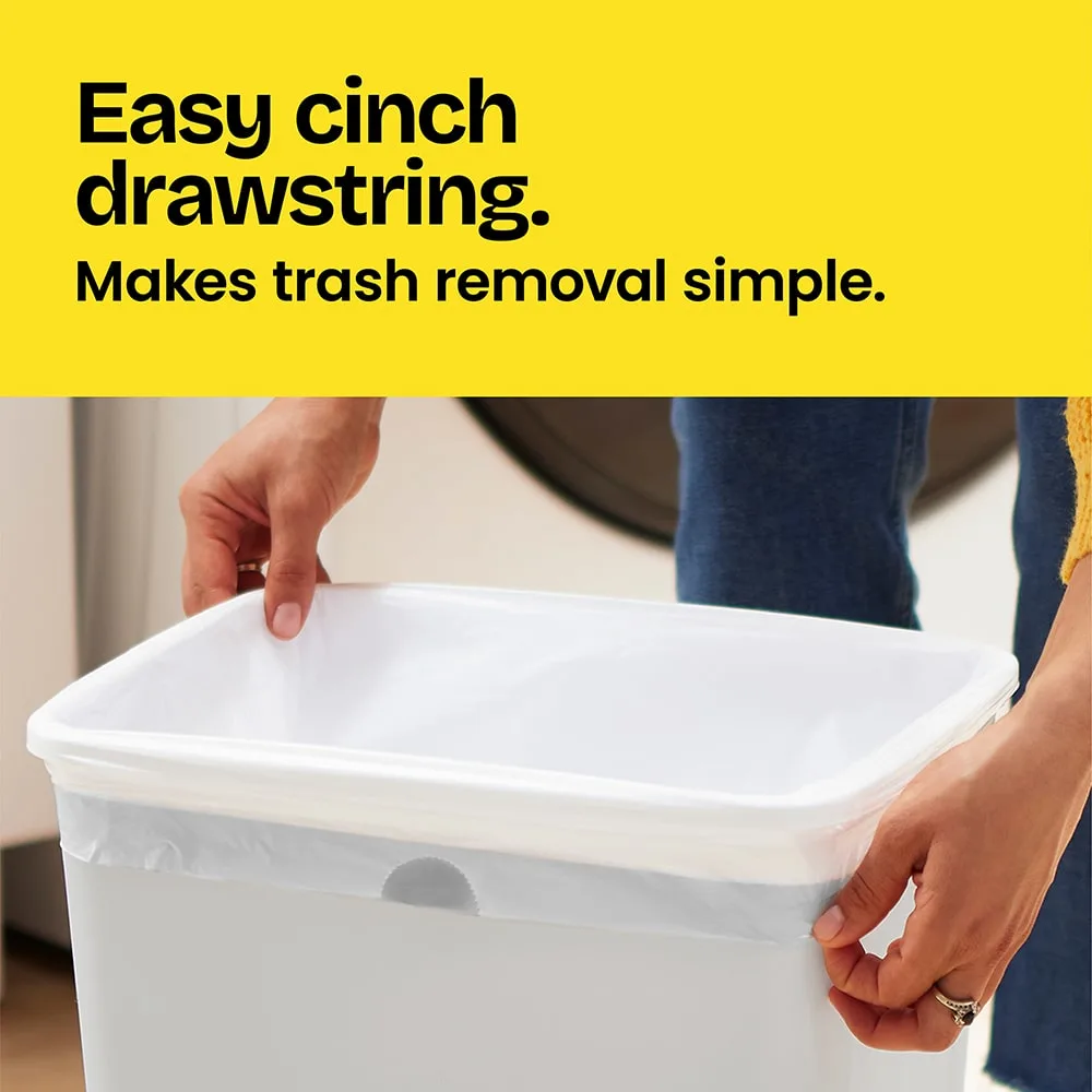 Hands putting a bag in a medium trash can. A blue panel with the words "Easy cinch drawstring. Makes trash removal simple."