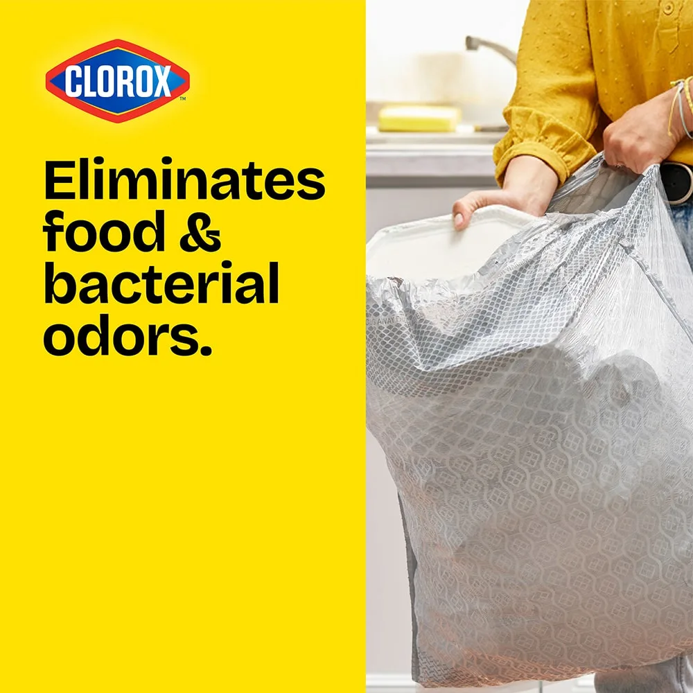 A person stuffing a white trash bag on the right, a yellow panel on the left with the words "Eliminates food & bacterial odors"
