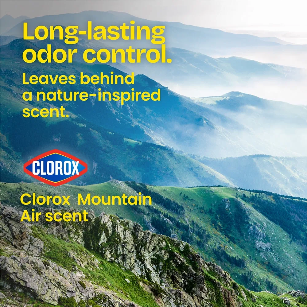 The words "Long-lasting odor control. Leaves behind a nature-inspired scent. Clorox Mountain Air scent" and a CLorox logo over a mountain background