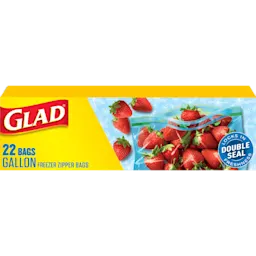Freezer Zipper Gallon showing strawberries in a clear plastic baggie