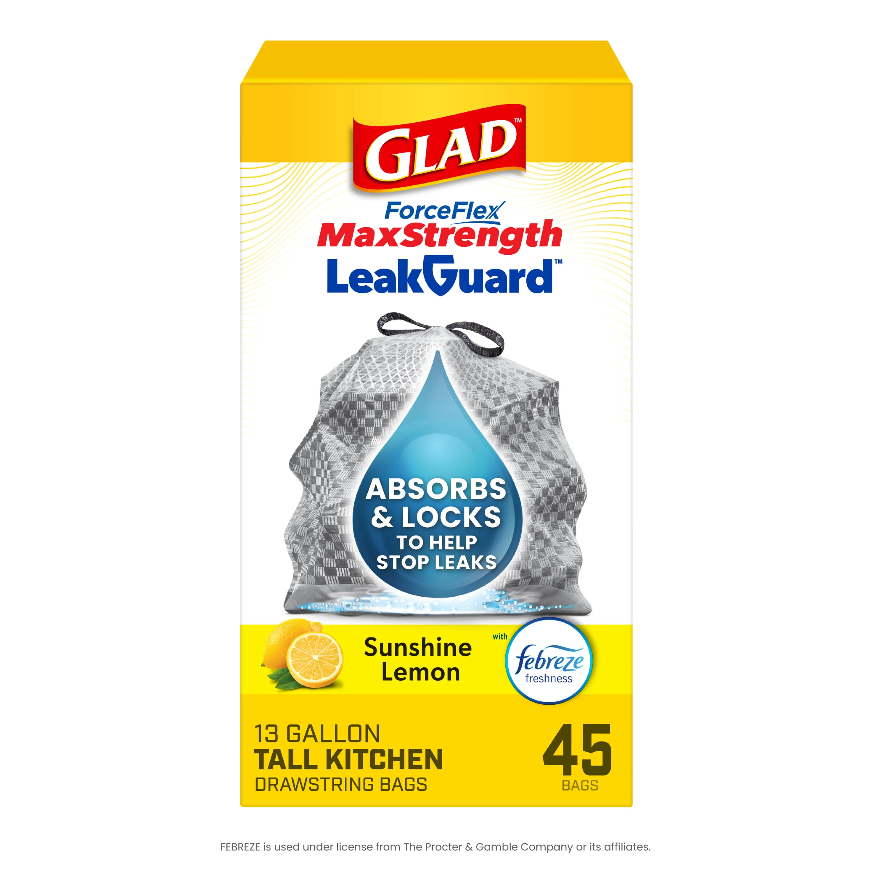A package of Glad ForceFlex MaxStrength LeakGuard trash bags in Sunshine Lemon scent