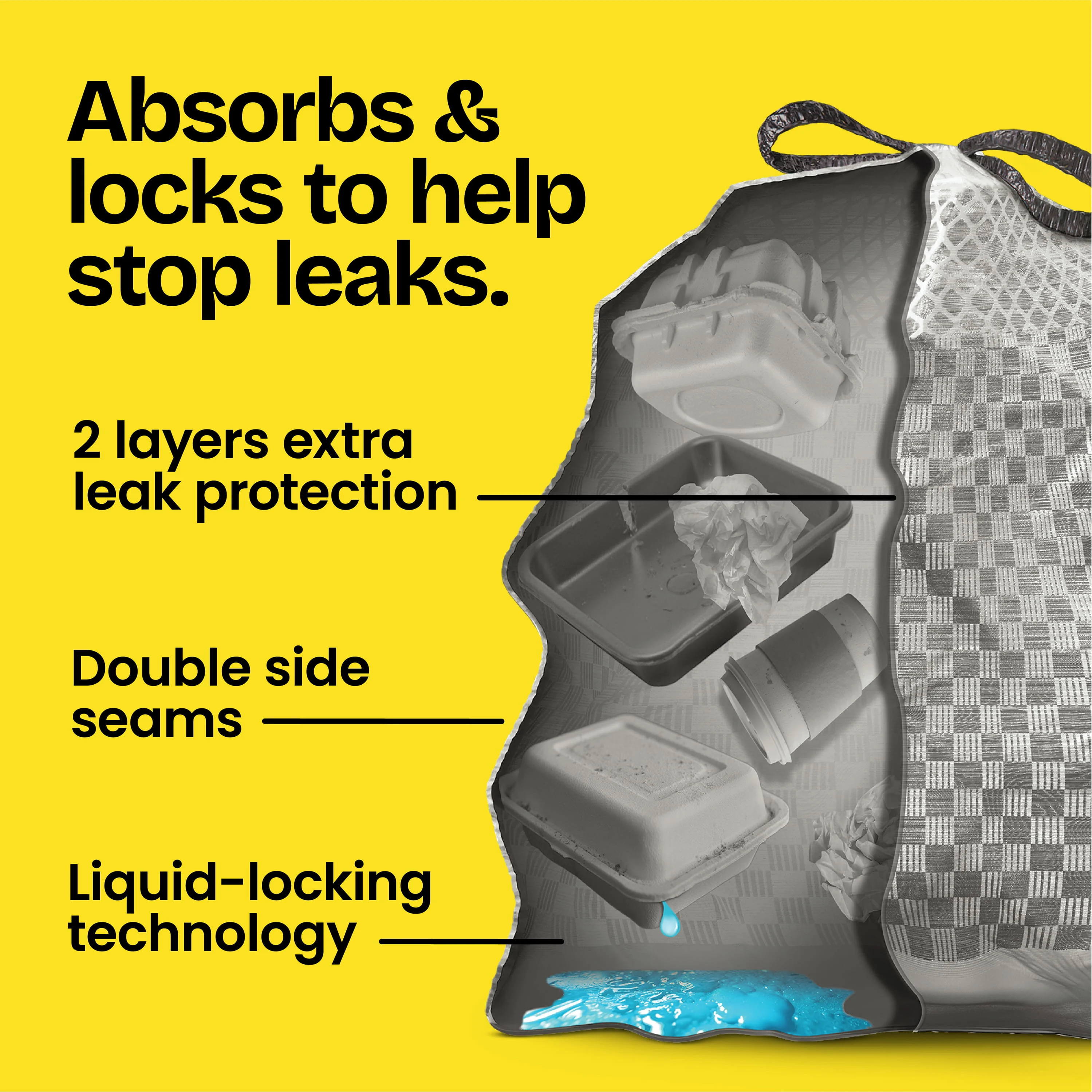 A cross-section of a LeakGuard bag illustrating how it absorbs & locks to help stop leaks