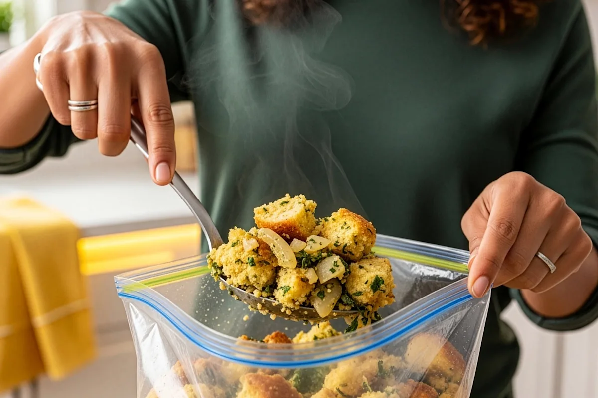 Woman in green shirt spooning stuffing into a zipper storage bag.