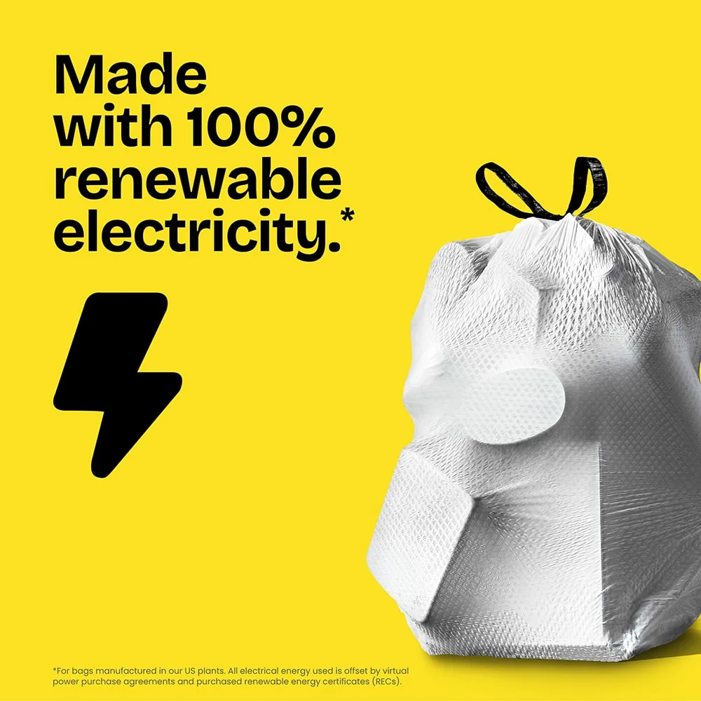 A white bag of trash on a yellow background with the words "Made with 100% renewable electricity." and a black lightning bolt