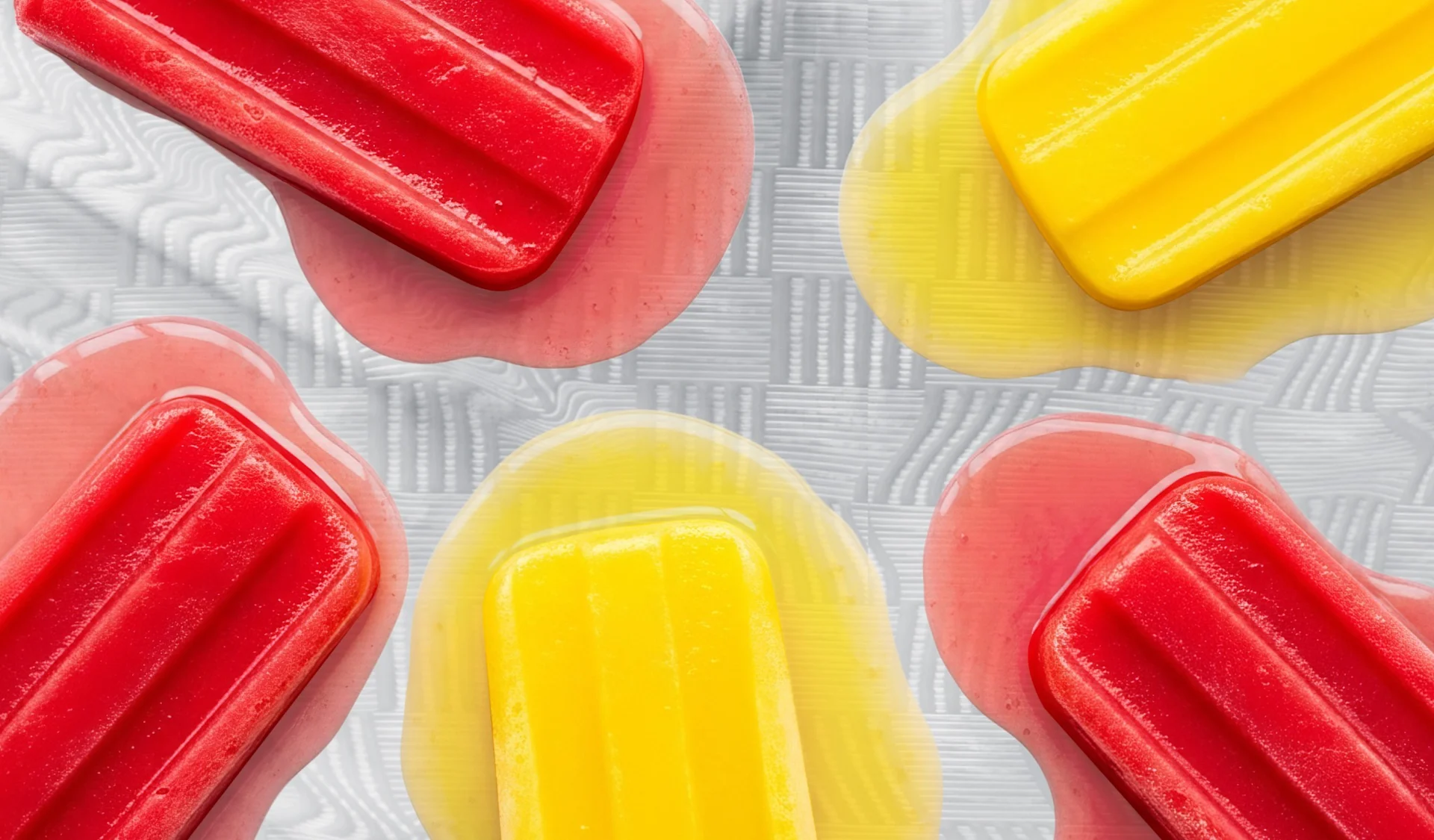 Red and yellow popsicles melting on a white cloth