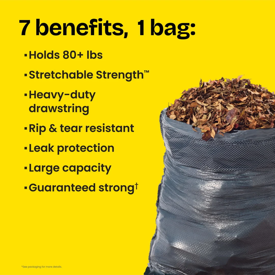 A black trash bag full of leaves on a yellow background with the words "7 benefits, 1 bag" and various claims including holds 80+ lbs and Stretchable Strength