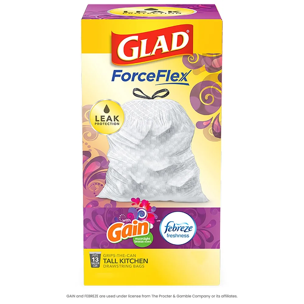 Package shot of Glad ForceFlex Tall Kitchen bags with Gain Moonlight Breeze scent