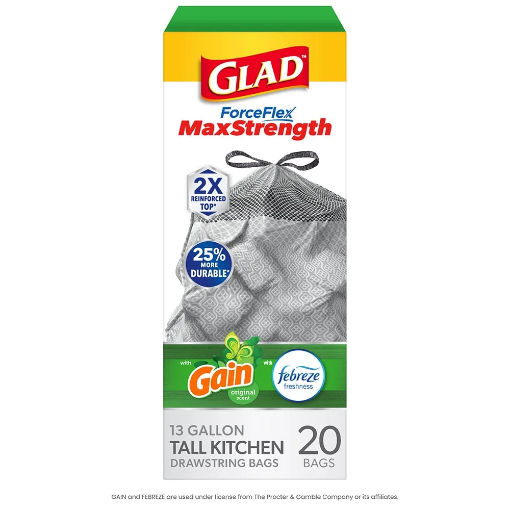 Package shot of Glad ForceFlex MaxStrength Tall Kitchen bags with Gain scent