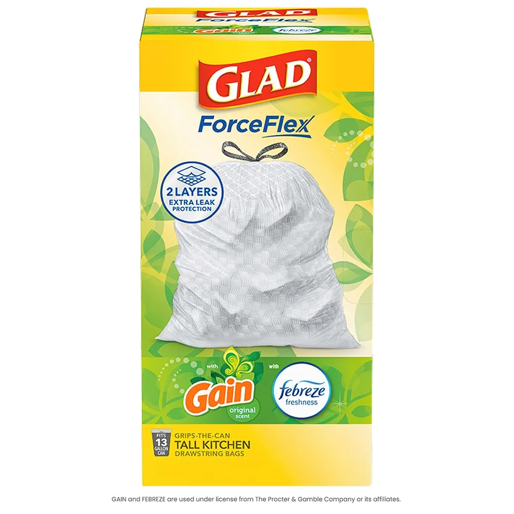 Package shot of Glad ForceFlex Tall Kitchen bags with Gain Original scent