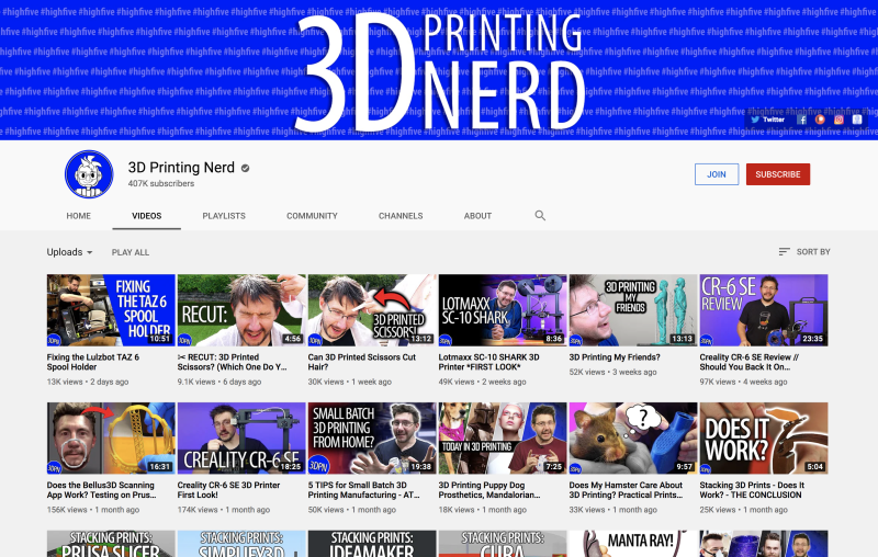 Screen Shot of 3D printing nerd's YouTube channel