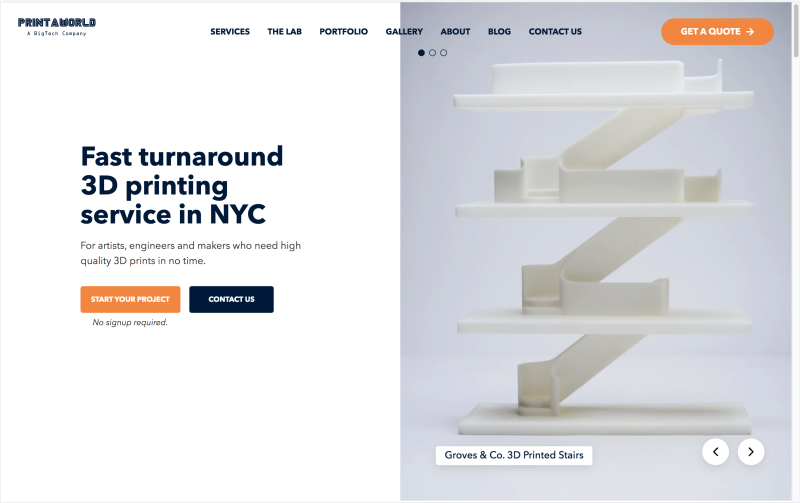 screenshot of a company offering 3D printing in nyc
