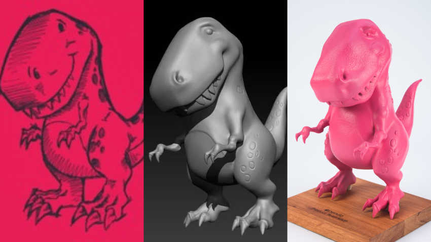 A sketch, 3D model and a 3D print of a dinosaur