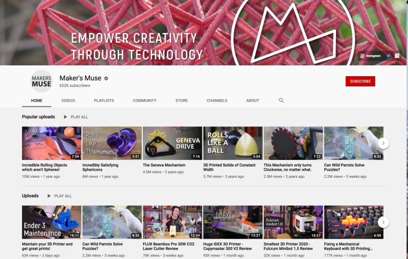 Screen Shot of Maker Muse's 3D printing channel