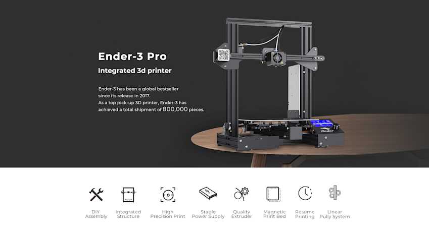 Creality Ender 3 Pro 3D printer fully assembled on a wooden table, showing the open-frame design with LCD display and Ender branding