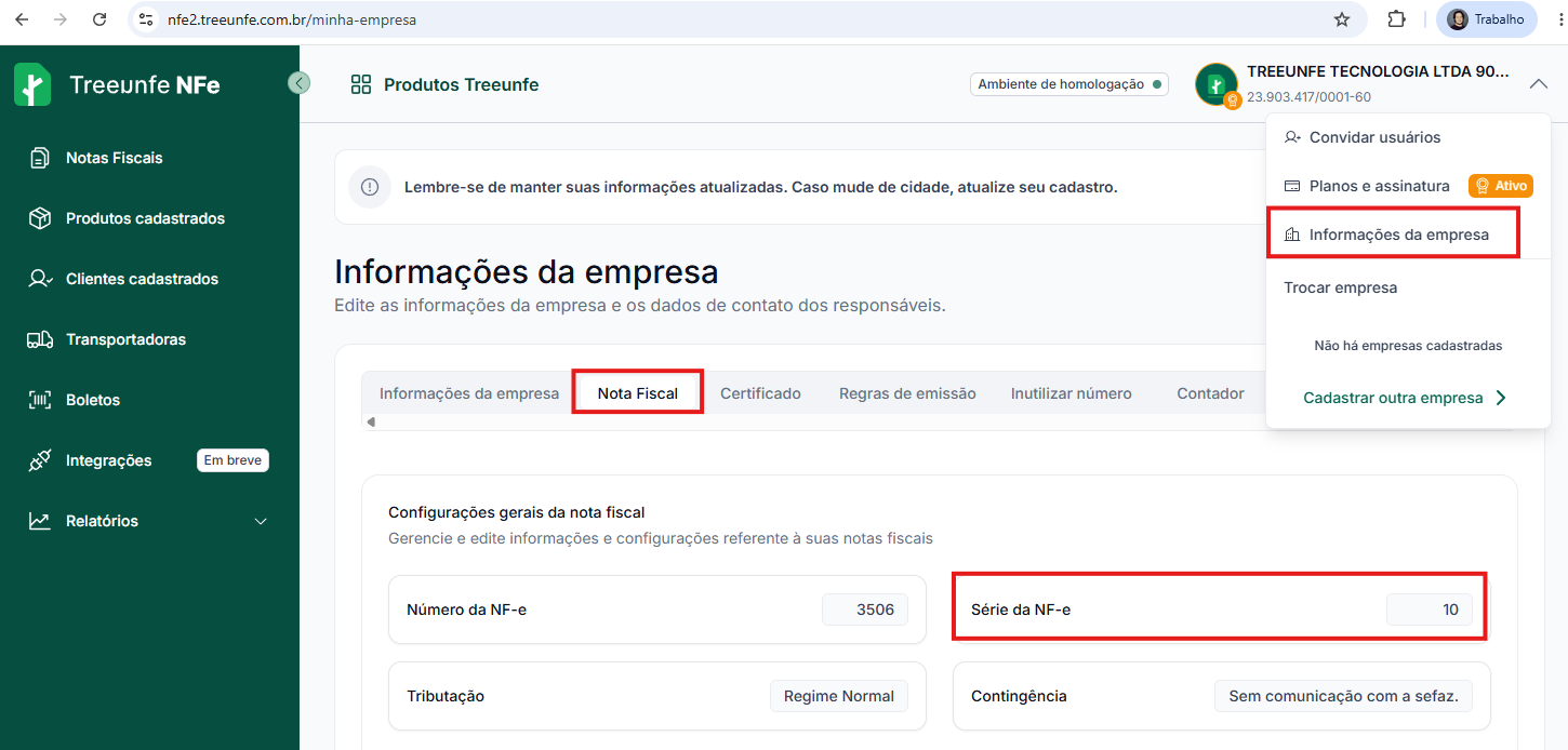 Informações da empresa no Treeunfe NFe