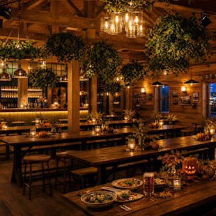 Rustic restaurant interior with wooden tables, hanging plants, warm lights, candles, autumn decorations, and plates of food and drinks on a table in the foreground.