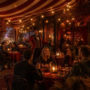 A performer in a top hat entertains guests dining at candlelit tables under a striped tent decorated with string lights and foliage.