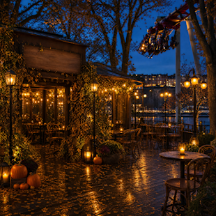 Outdoor café patio at dusk with string lights, pumpkins, and empty tables; trees with autumn leaves; roller coaster track and train overhead; city buildings visible in the background.