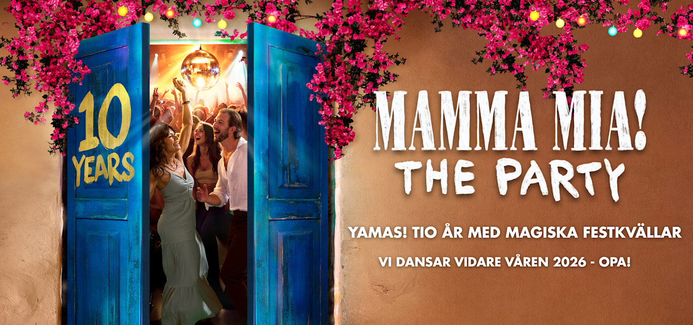 En grupp människor poserar energiskt i en dörröppning med musikinstrument och mikrofoner under färgglada lampor; texten lyder "Mamma Mia! The Party" med en Tyrol-logotyp.