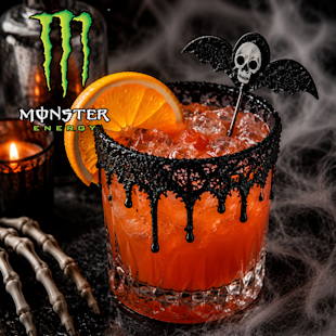 A glass of orange cocktail with black sugar rim, skull and bat stirrer, orange slice garnish, and Monster Energy logo. Candle, skeleton hand, and cobwebs in the background.