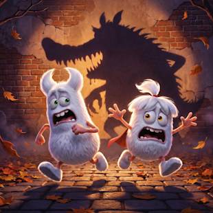 Two cartoon furry monsters run away in fear, casting a large shadow resembling a menacing creature on a brick wall at night. Autumn leaves are scattered on the ground.