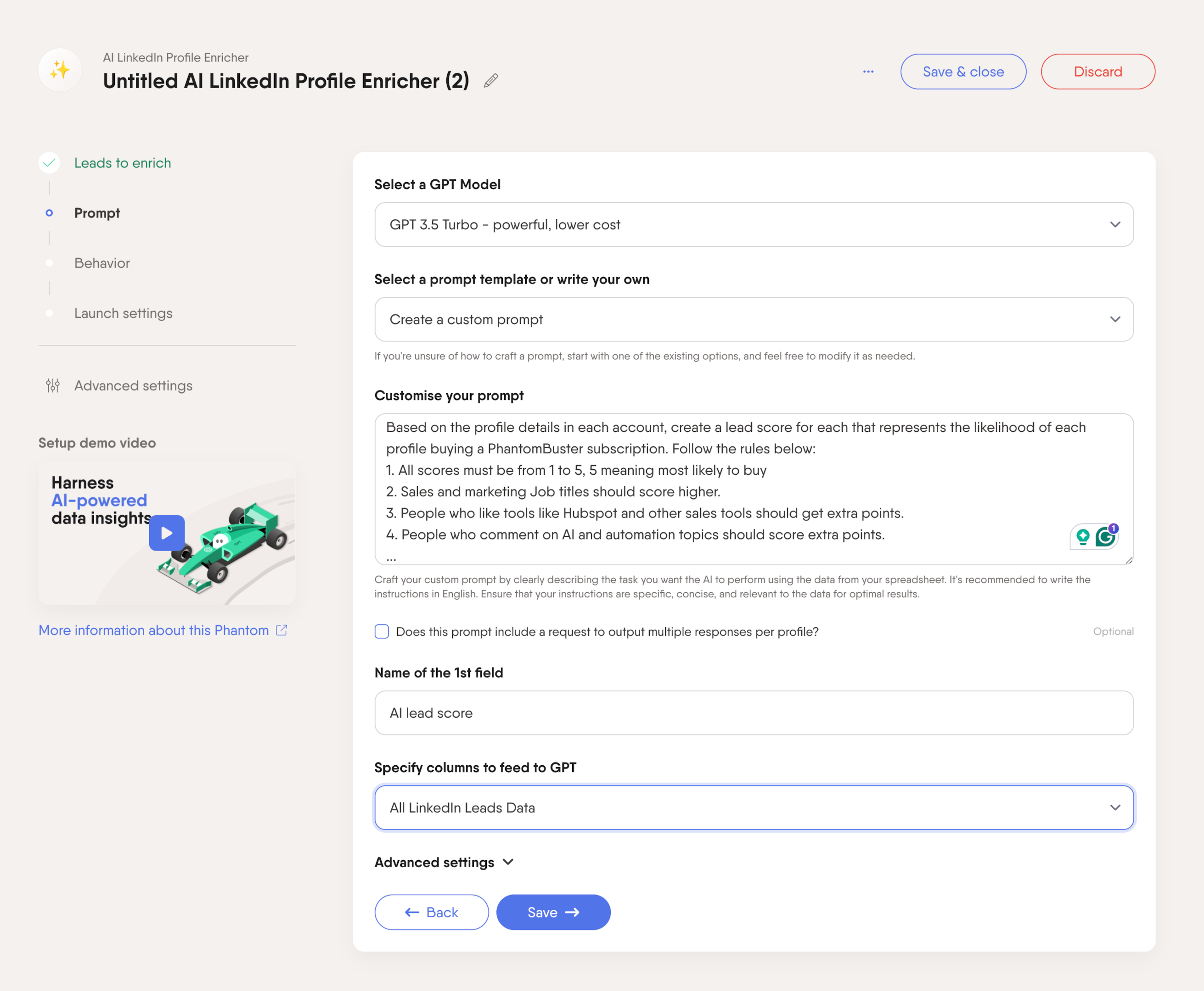 ai profile enricher lead score phantom prompt