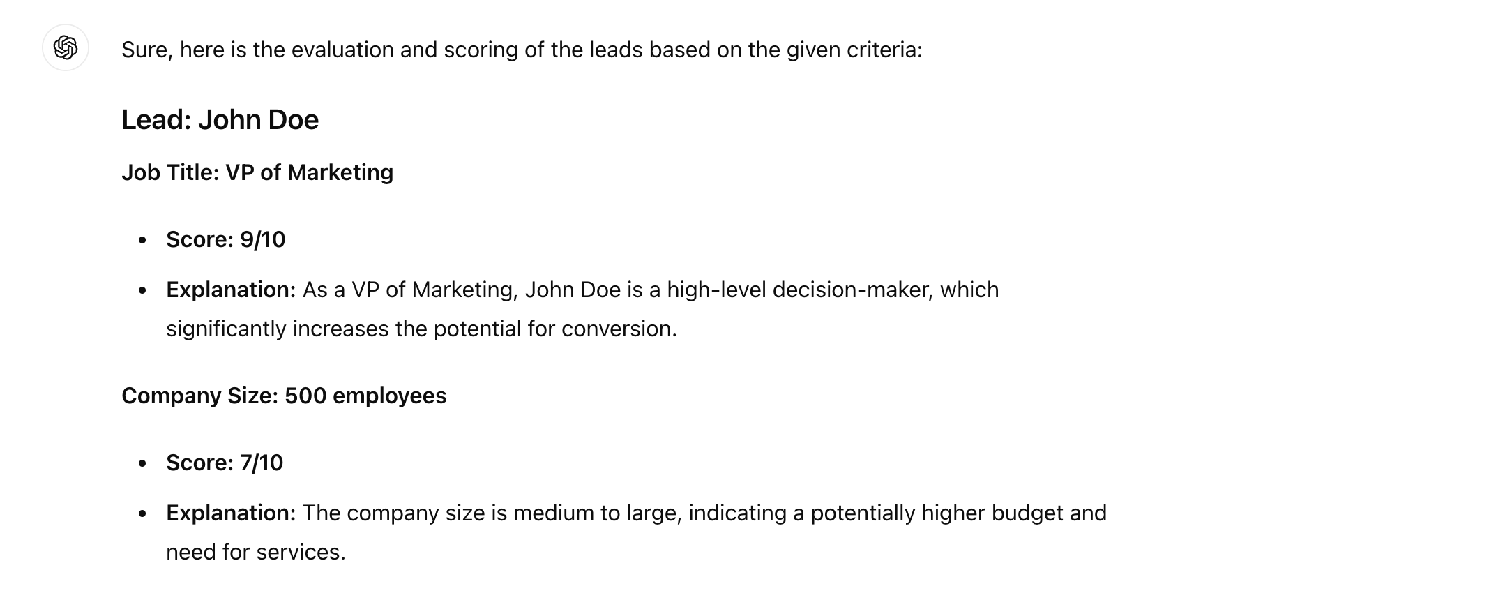 chat gpt example lead scoring