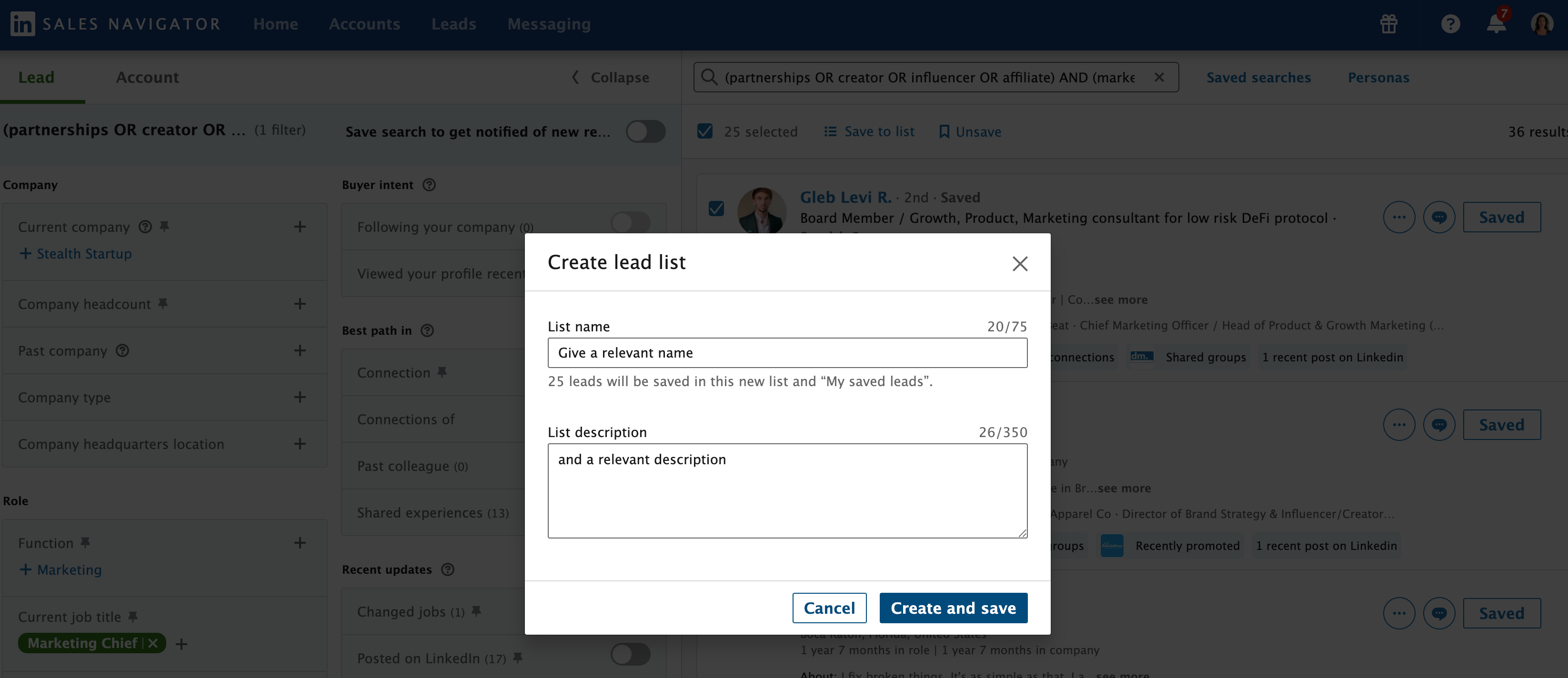 sales navigator create lead list