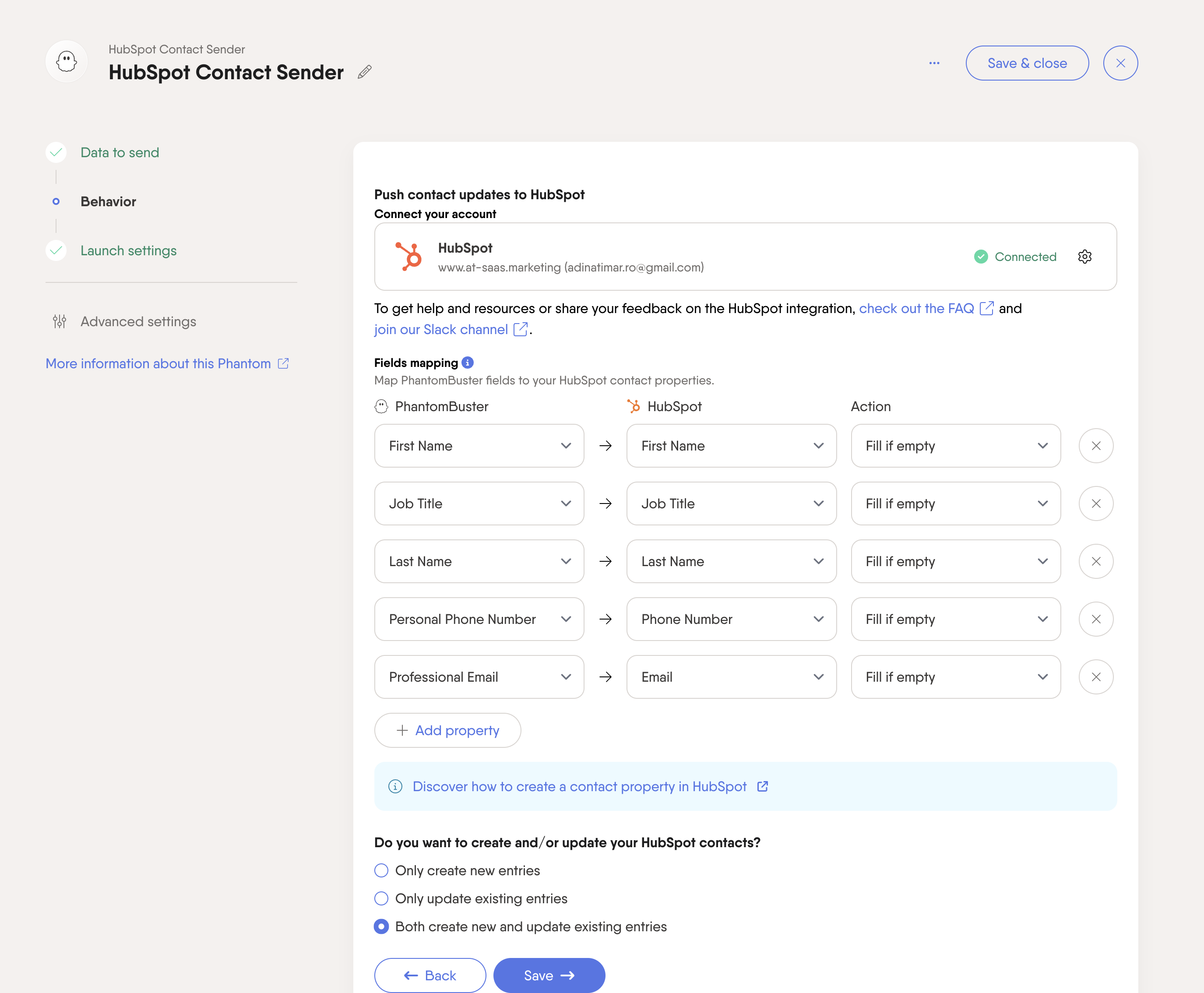 hubspot contact sender phantom sync lists