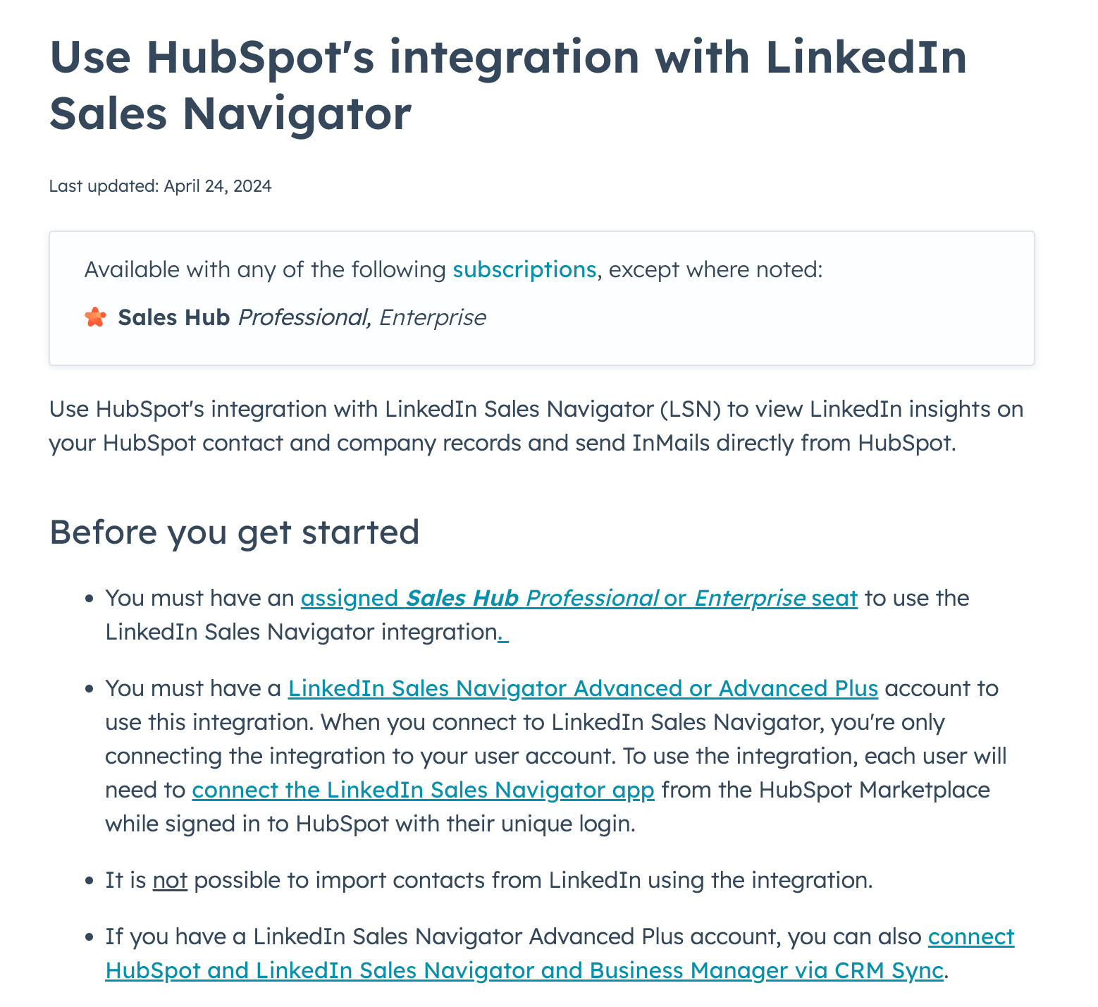 hubspot linkedin integration limitation