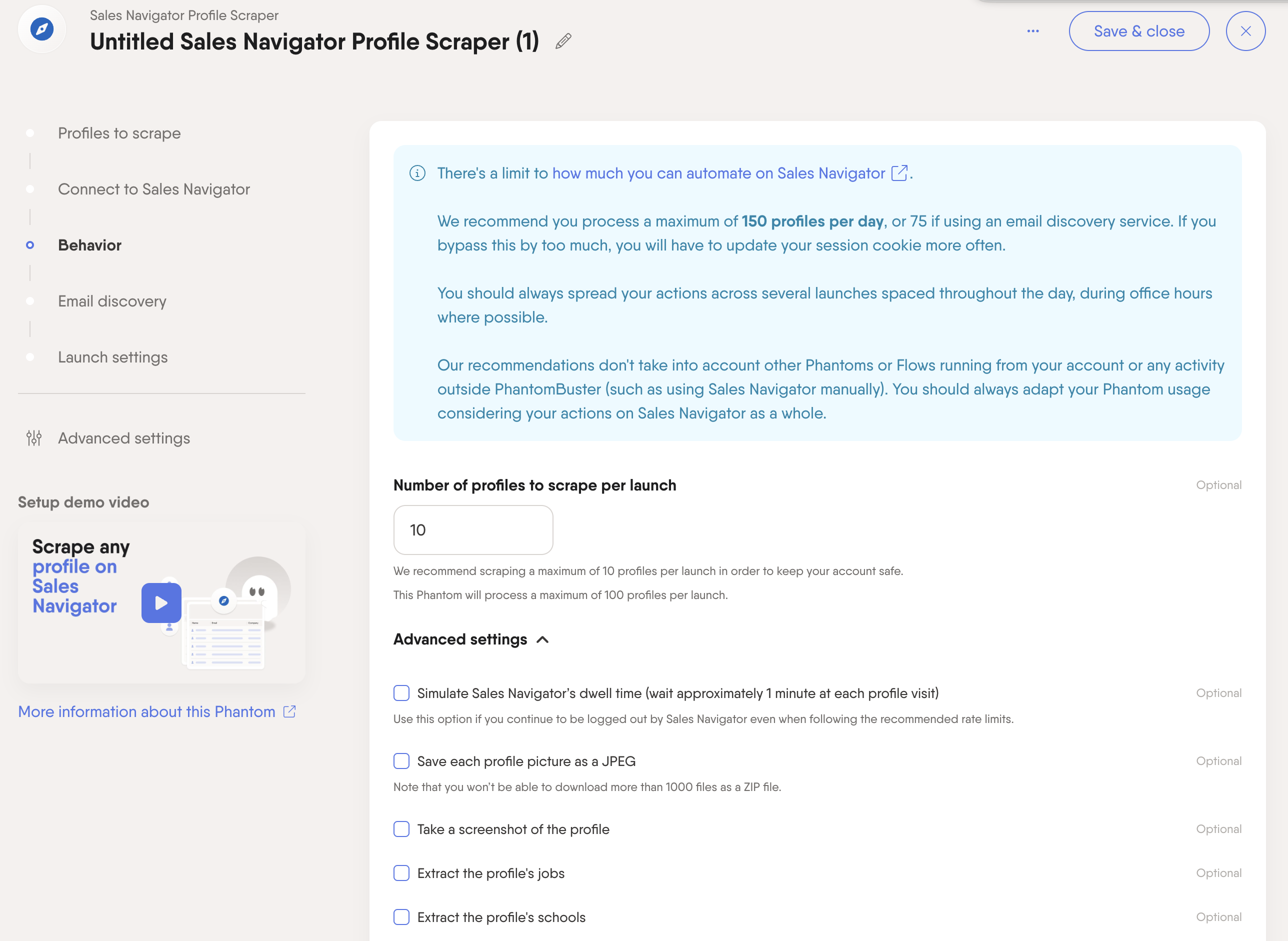 sales navigator profile scraper settings