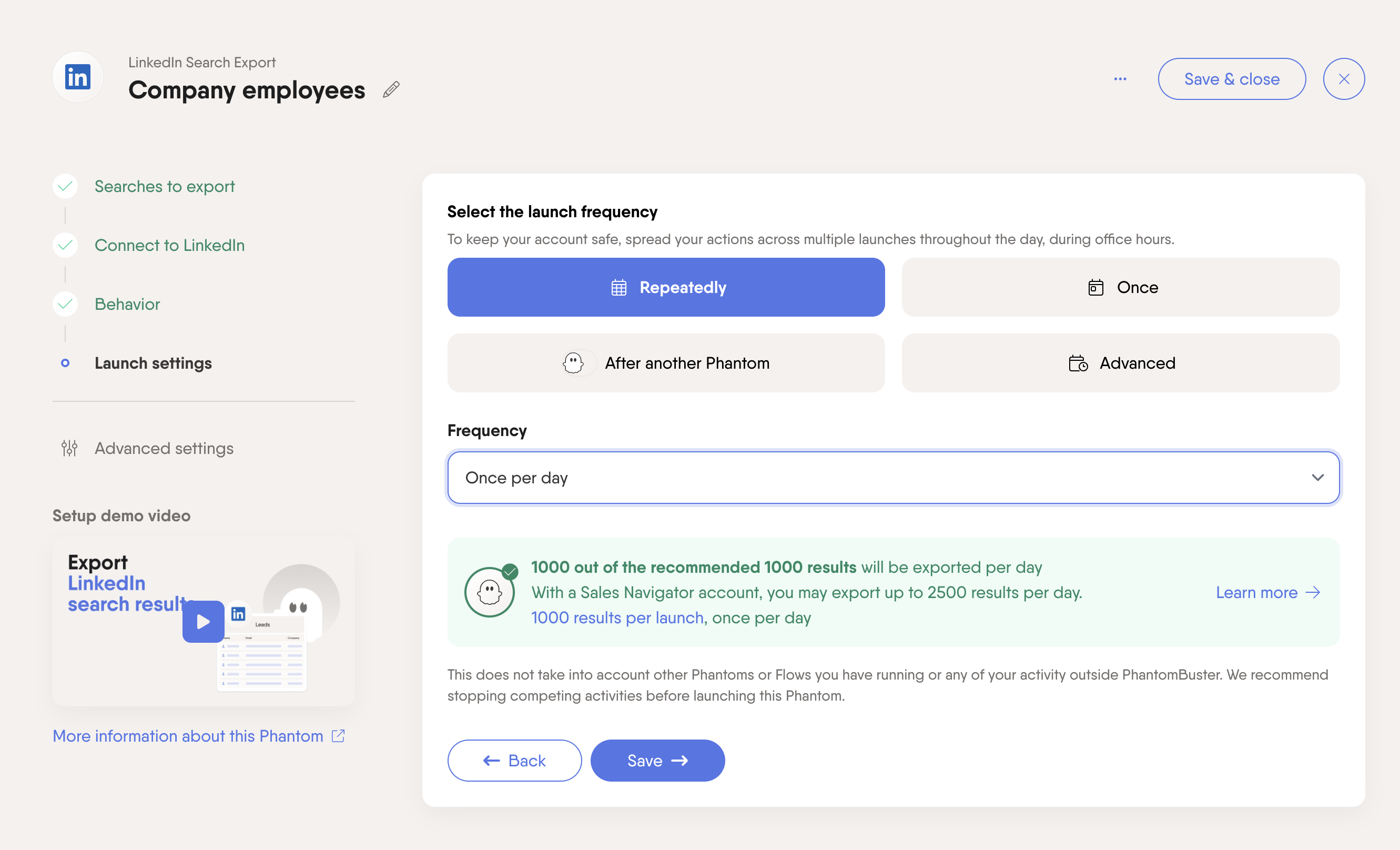 linkedin search export automation frequency
