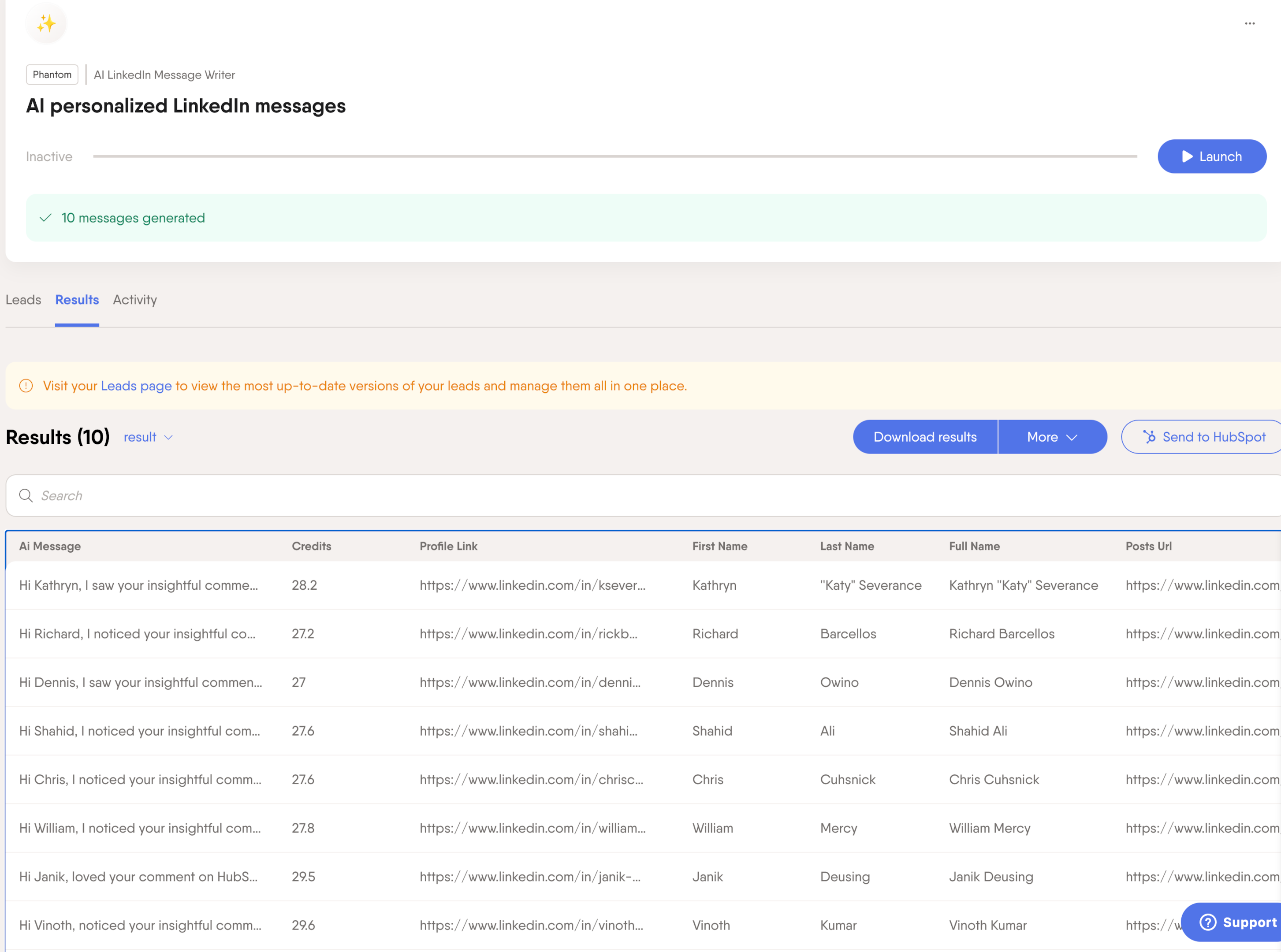 ai personalized linkedin message results hubspot list