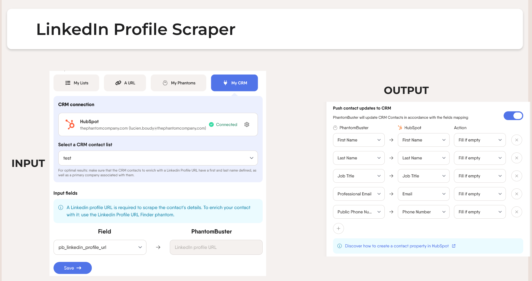 linkedin profile scraper phantombuster hubspot