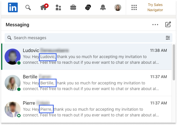 linkedin message results message sender