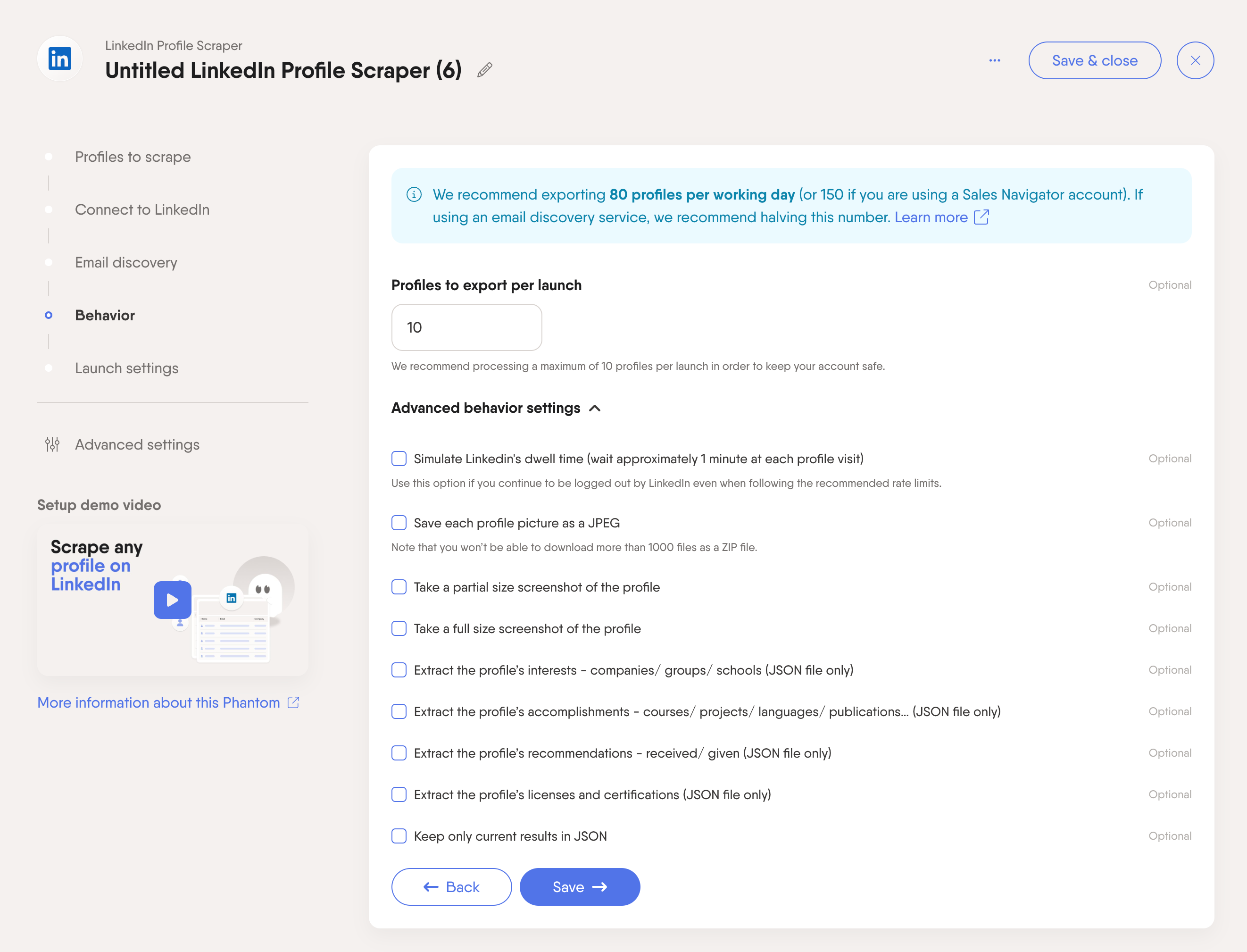 linkedin profile scraper phantom limits