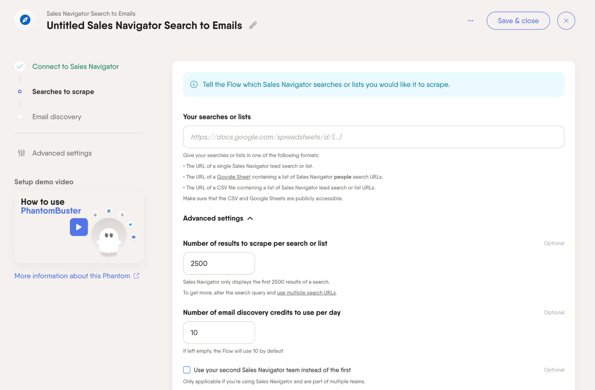 sales navigator search to email phantom