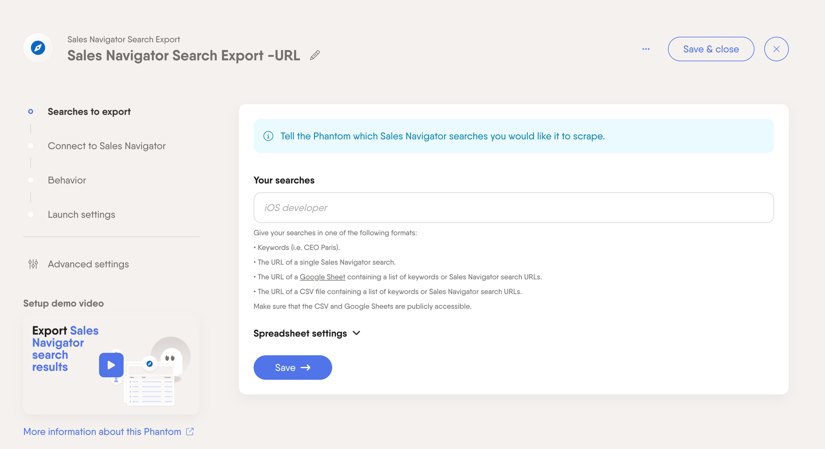 sales navigator search export phantom