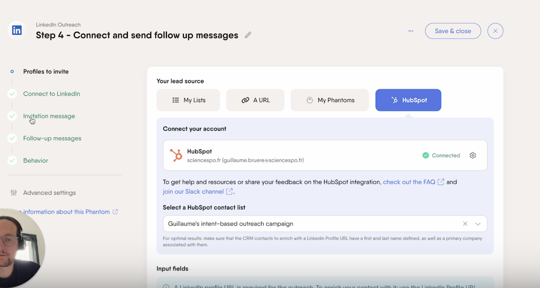 linkedin outreach hubspot list phantom