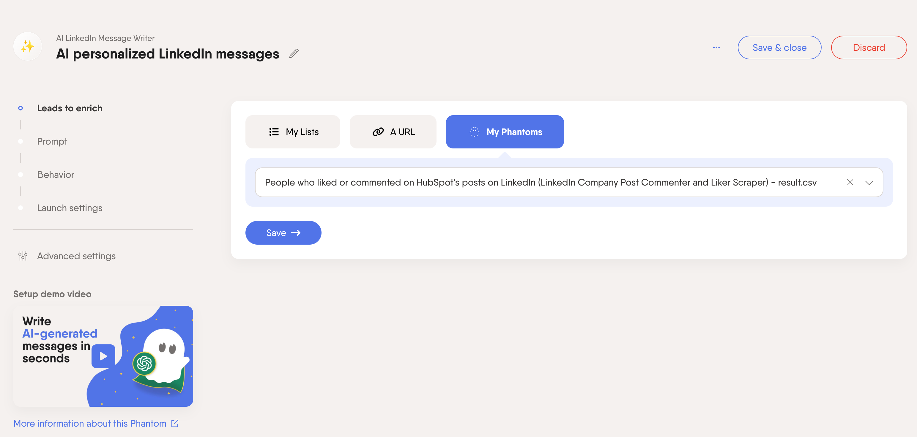 ai personalized linkedin message hubspot list phantom chain