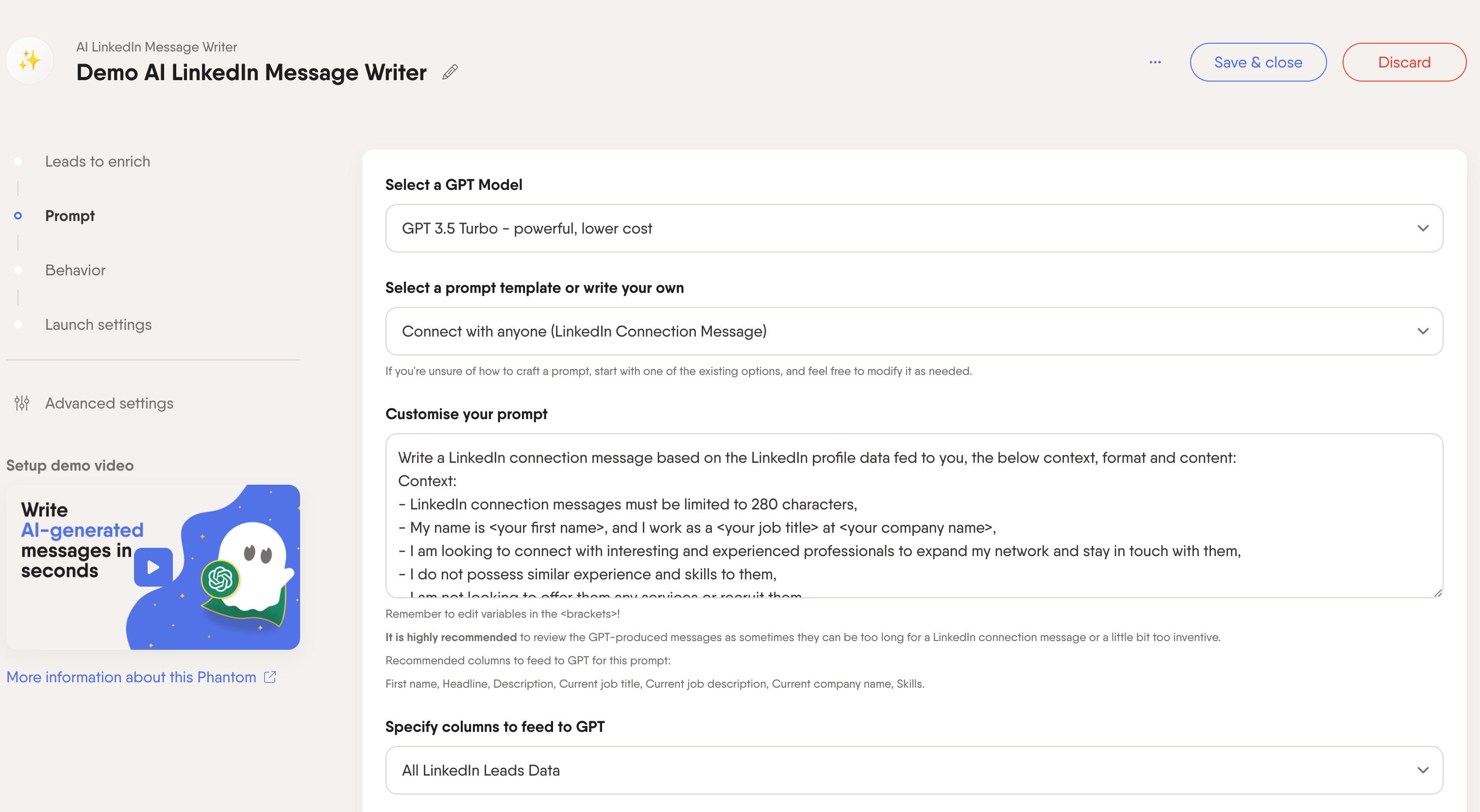 linkedin ai message writer prompt phantom